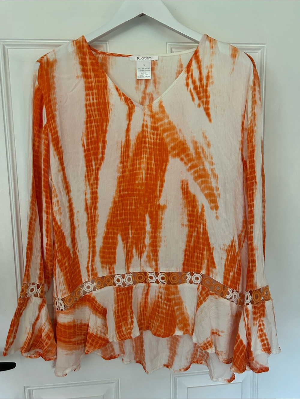 K Jordan Orange and White Tie-Dye V-Neck Ruffle Blouse